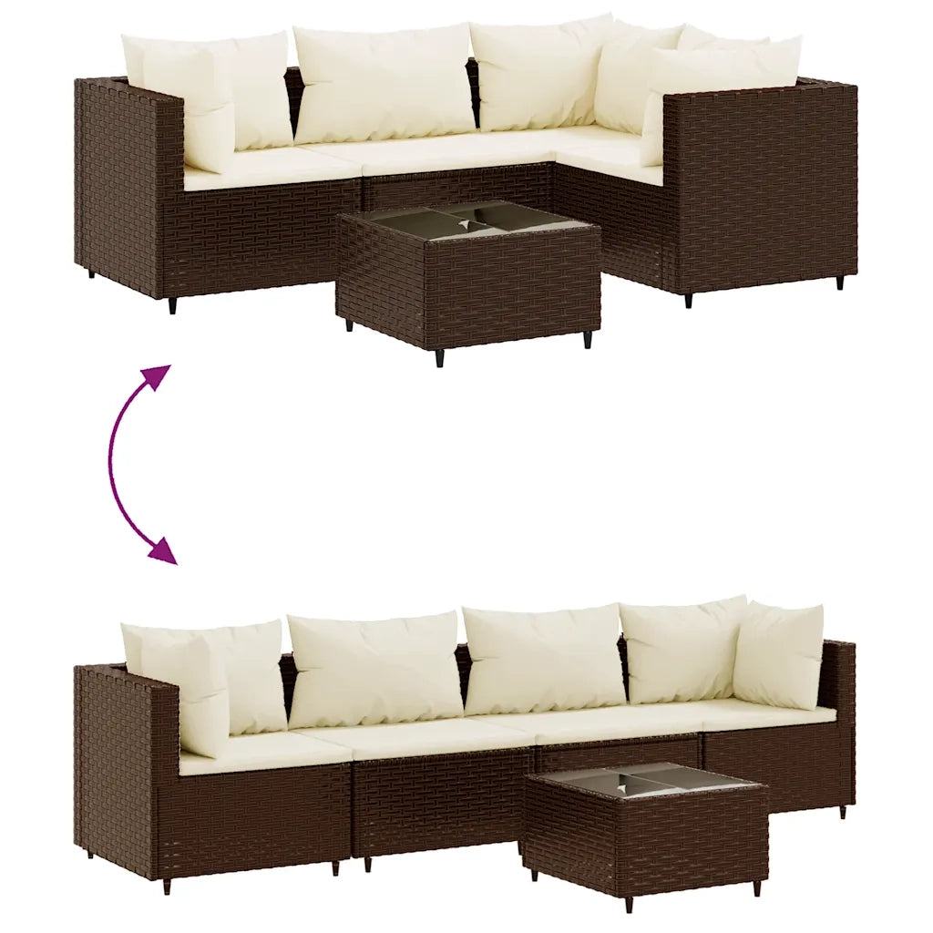 Set Divani da Giardino 5 pz con Cuscini Marrone in Polyrattan