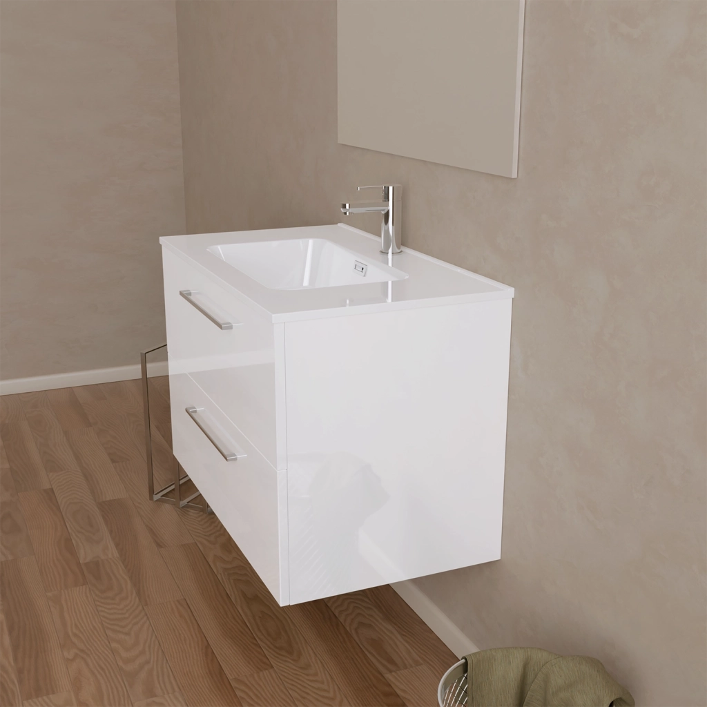 Mobile da bagno sospeso 100cm bianco lucido con lavabo e specchio | Hana