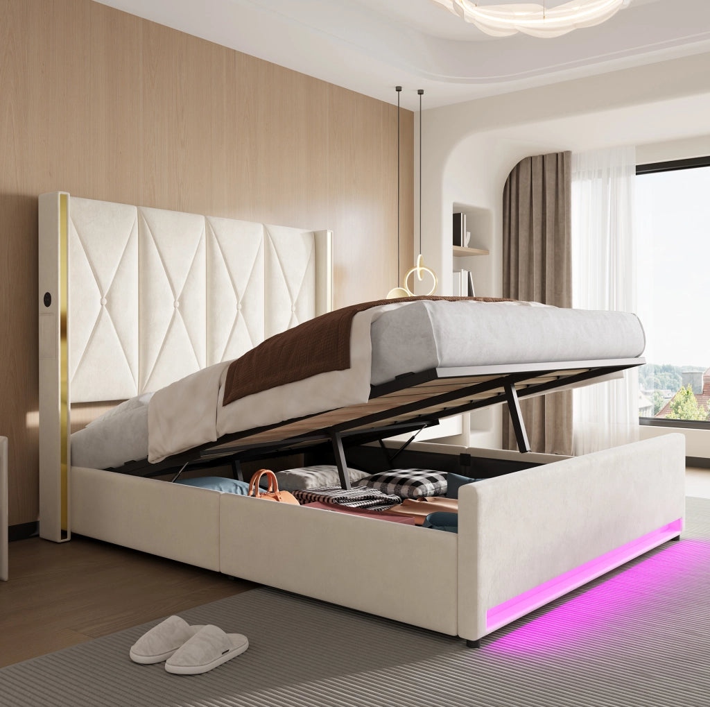 Letto Contenitore Imbottito con LED, USB e Sistema Idraulico ¨C MINIMAL ¨C Velluto, 160x200