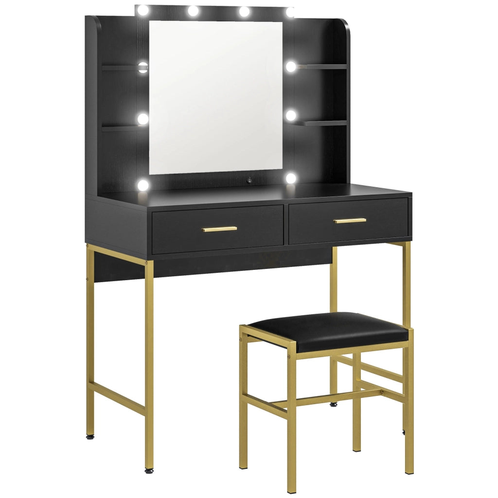 Toeletta Trucco con Specchio 10 Lampadine e Sgabello Imbottito, con 2 Cassetti e Ripiani ¨C Minimal ¨C Nero