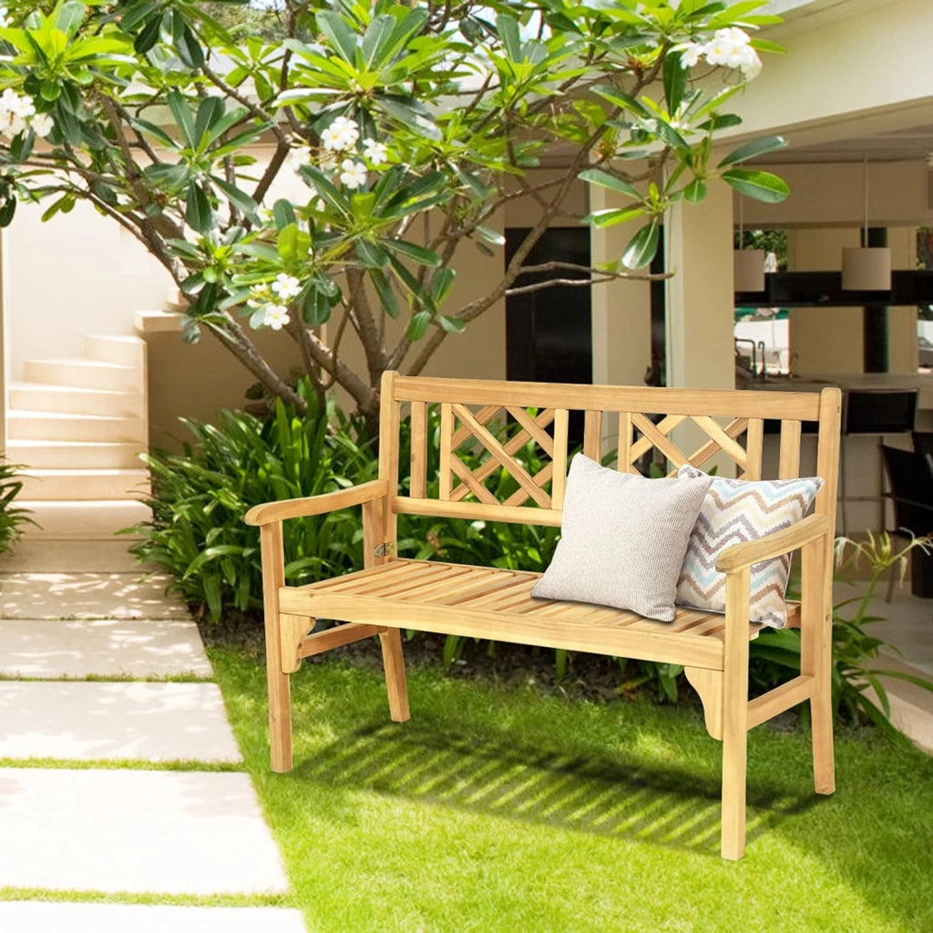 Panchina da Esterno Pieghevole, Panca da Esterno in Legno Massello con Schienale Curvo e Braccioli, Panchina per Giardino, Portico e Balcone, 120 x 56 x 90 cm