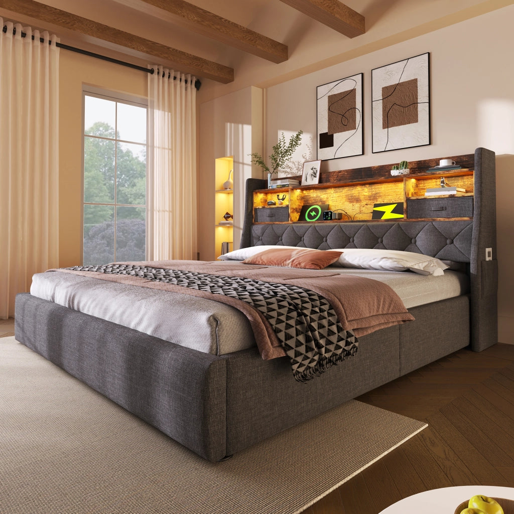 OKWISH Letto Contenitore 160×200 cm, Letto Matrimoniale con LED Regolabile, USB, Tipo C e Mensola, senza Materasso, in Lino, Grigio