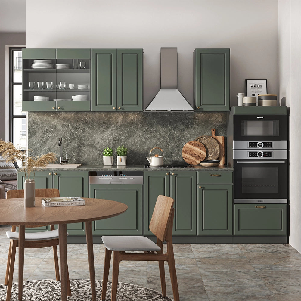 Cucina componibile Fame-Line Verde-oro rustico/Antracite 300 cm con armadio alto, senza piano di lavoro Vicco