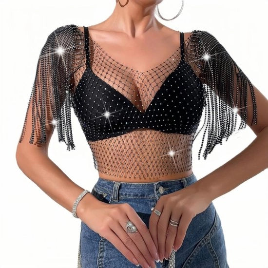 Top da donna a mesh con strass e decorazioni glintanti 

Modello: 
Dimensioni: S/M/L