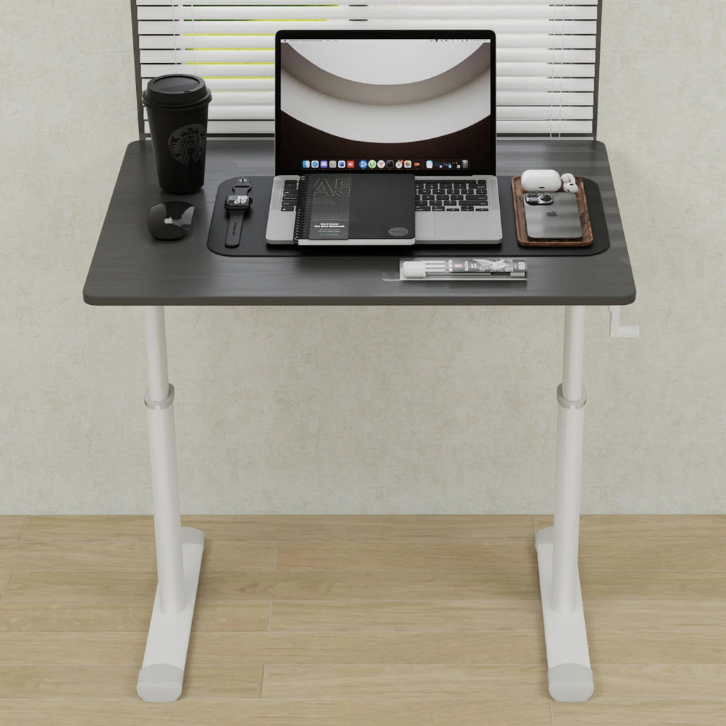 Scrivania regolabile in altezza manualmente, design compatto grigio, struttura in metallo e legno