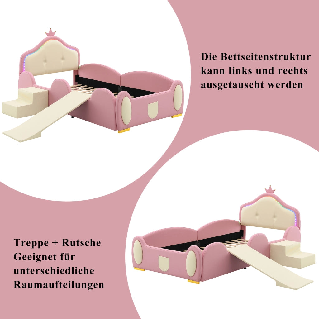 LETTO imbottito per bambini 90x200 cm PU rosa e beige con LED, scivolo e scala