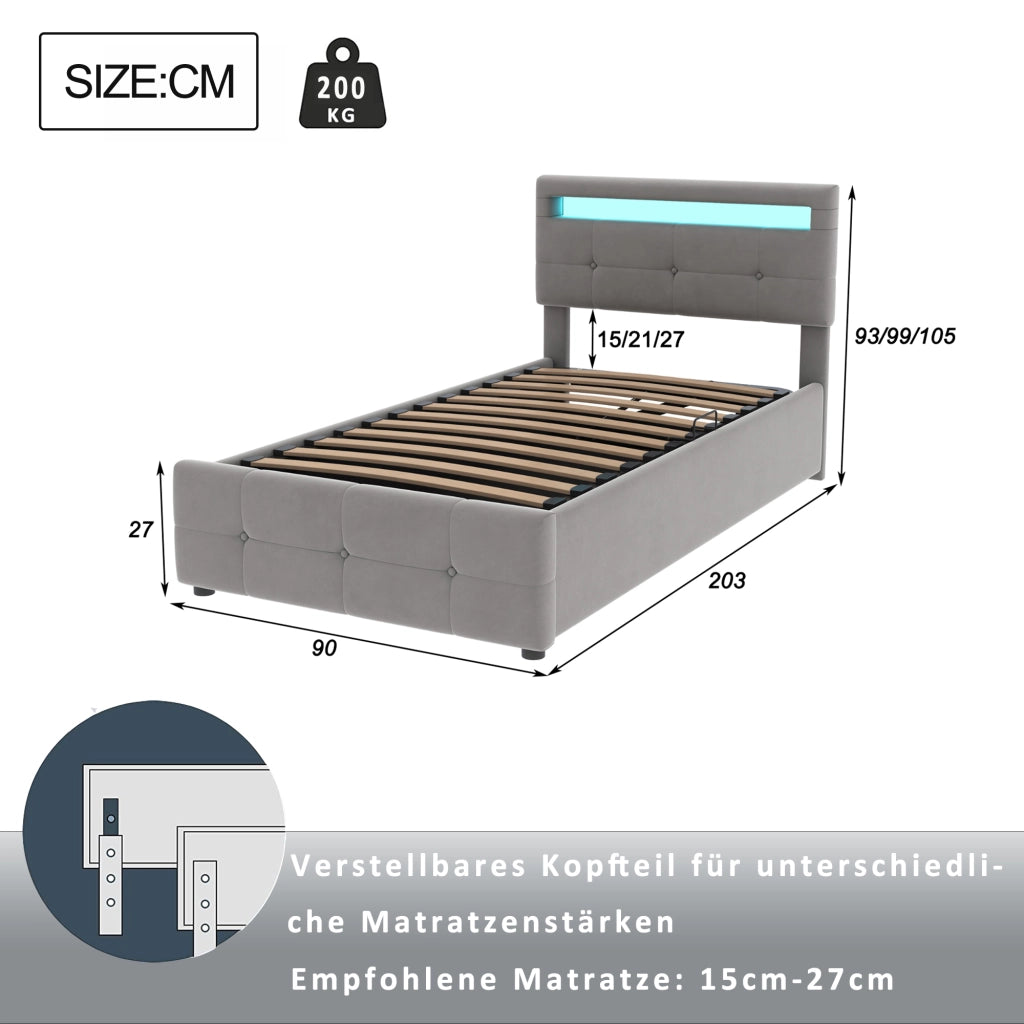 letto imbottito velluto grigio 90 x 200 cm