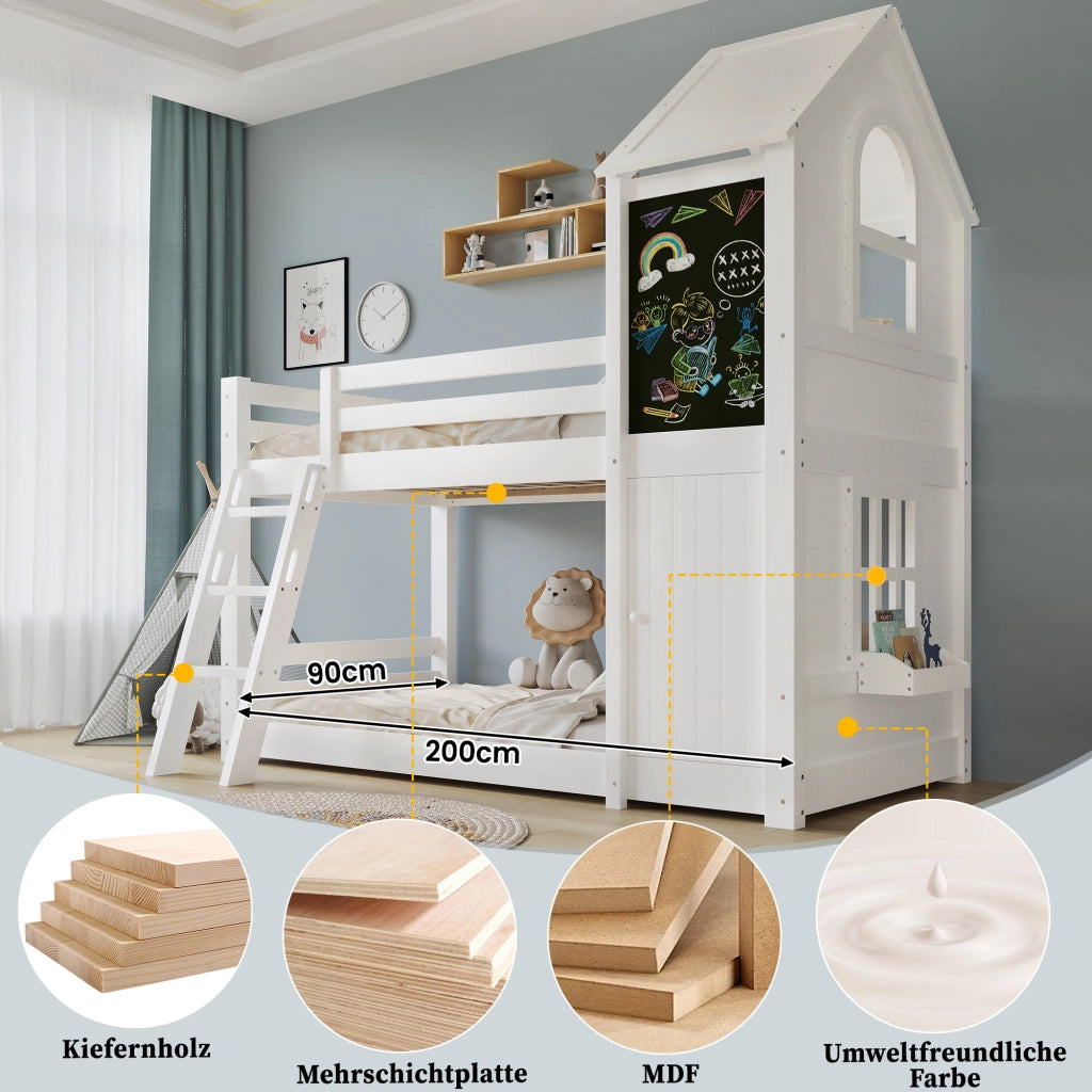 Letto a castello con porta e lavagna in legno massiccio e MDF 90x200 cm