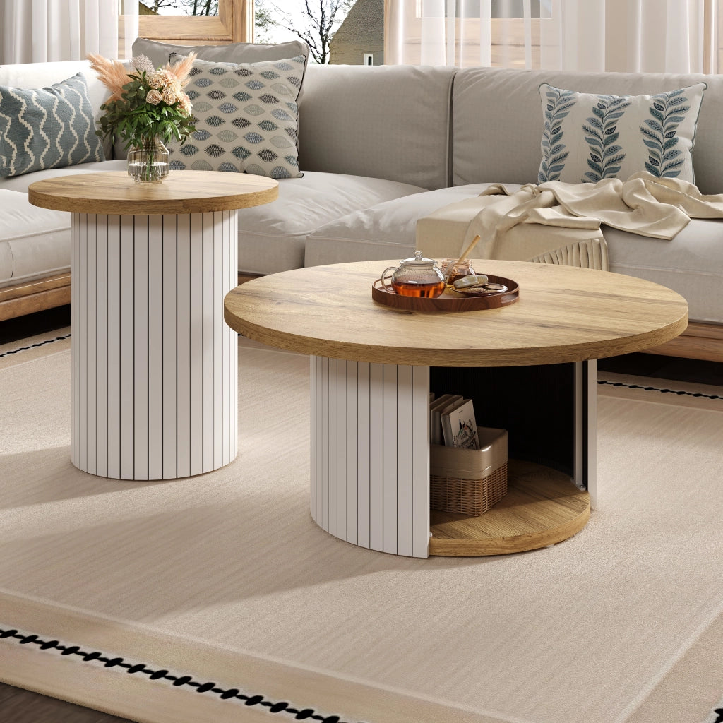 OKWISH Tavolini da Salotto Impilabili Rotondi Stile Nordico con Tavolo Principale e Tavolino Laterale, MDF, Naturale