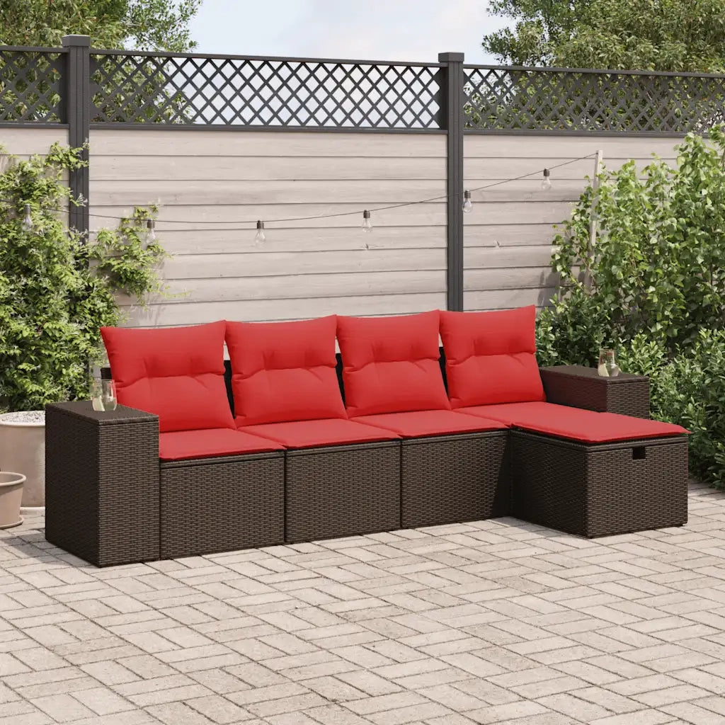 Set Divano da Giardino 5 pz | Set Salotto da Giardino con Cuscini Marrone in Polyrattan