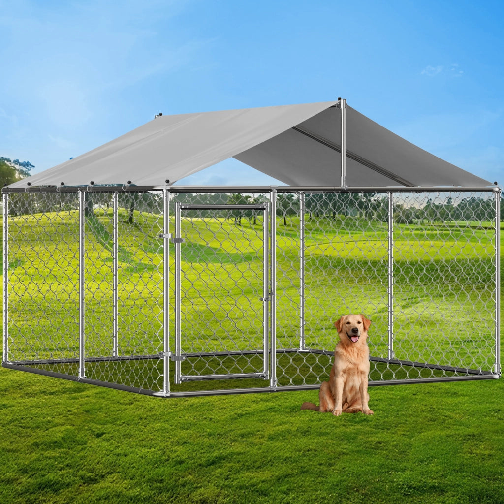 Recinto per cani con tetto 230 × 230 × 117 cm in acciaio zincato argento con porta bloccabile e copertura PE