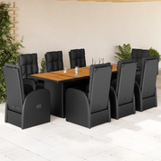 Set da Pranzo da Giardino 9 pz con Cuscini Nero in Polyrattan
