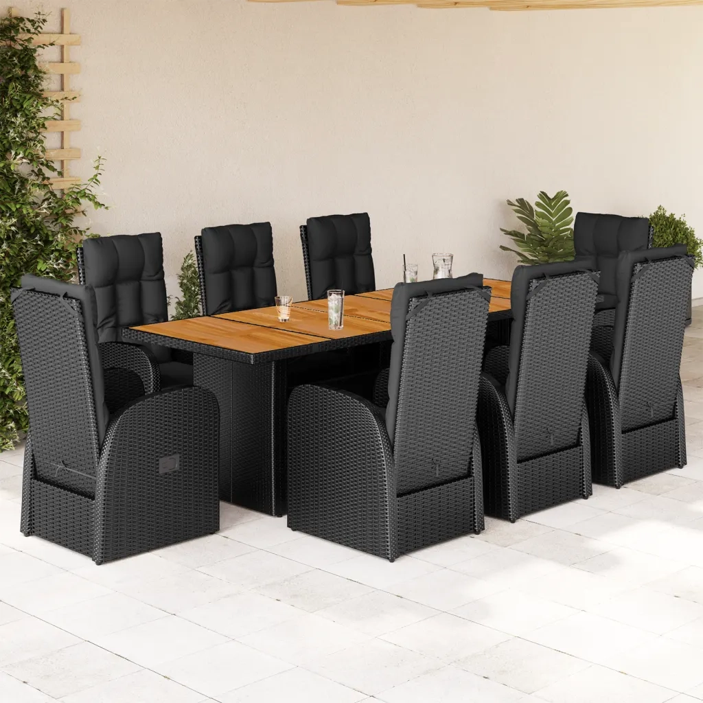 Set da Pranzo da Giardino 9 pz con Cuscini Nero in Polyrattan