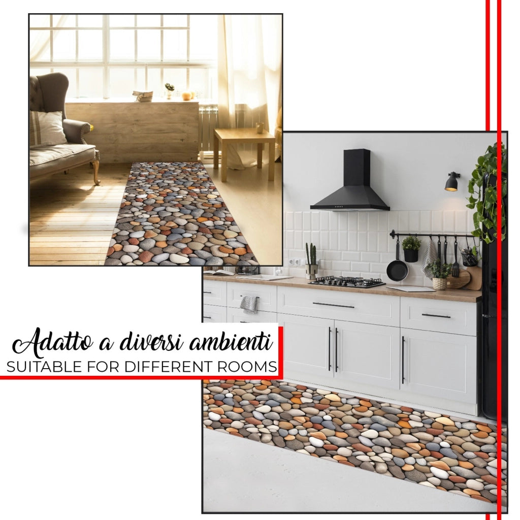 Tappeto Cucina Gomma Pvc Stampato In Alta Risoluzione HD Antimacchia Antiscivolo Pietre - 51x100 Cm