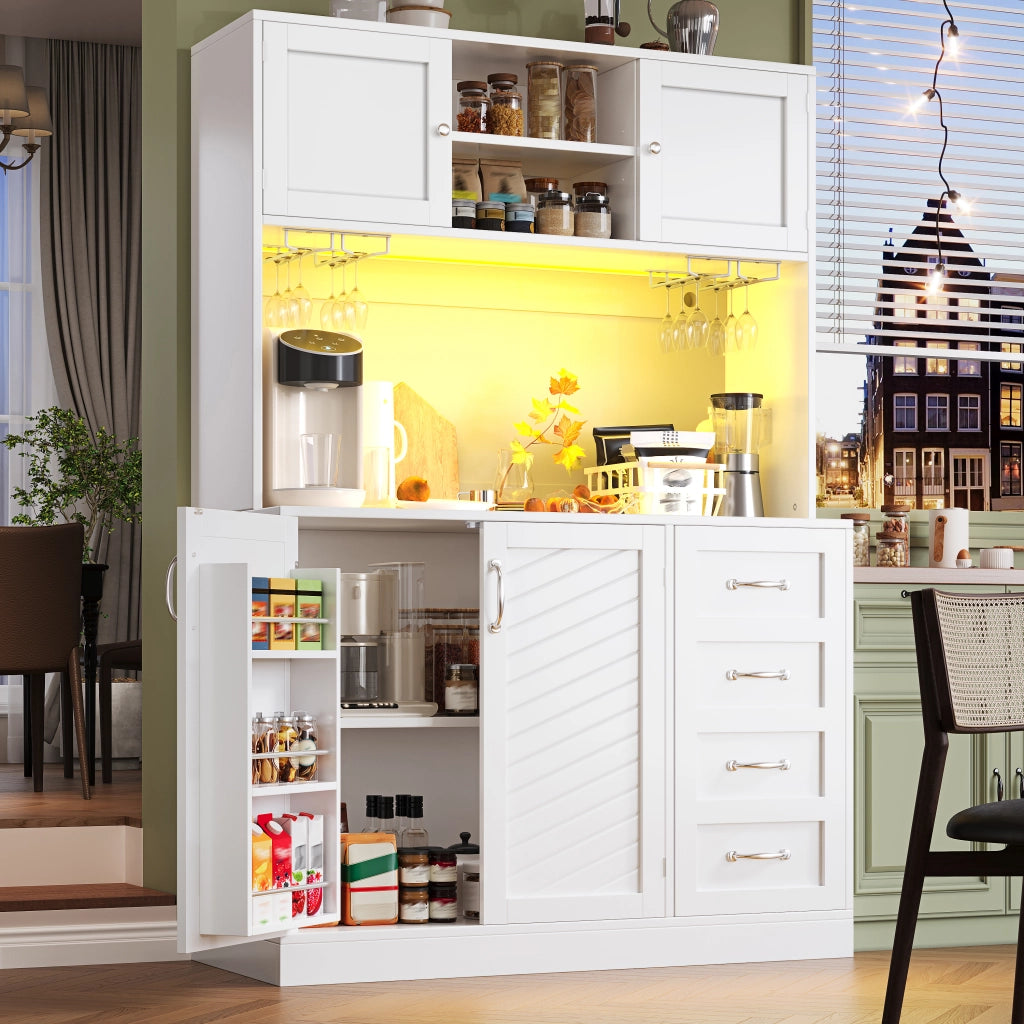 BUFFET 120x40x188 cm in MDF Bianco con LED, 4 ante e cassetti