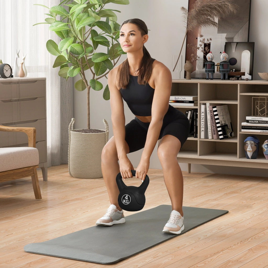 Kettlebell 4kg in Plastica e Sabbia con Base Piatta e Impugnatura, 18x12x20 cm, Nero