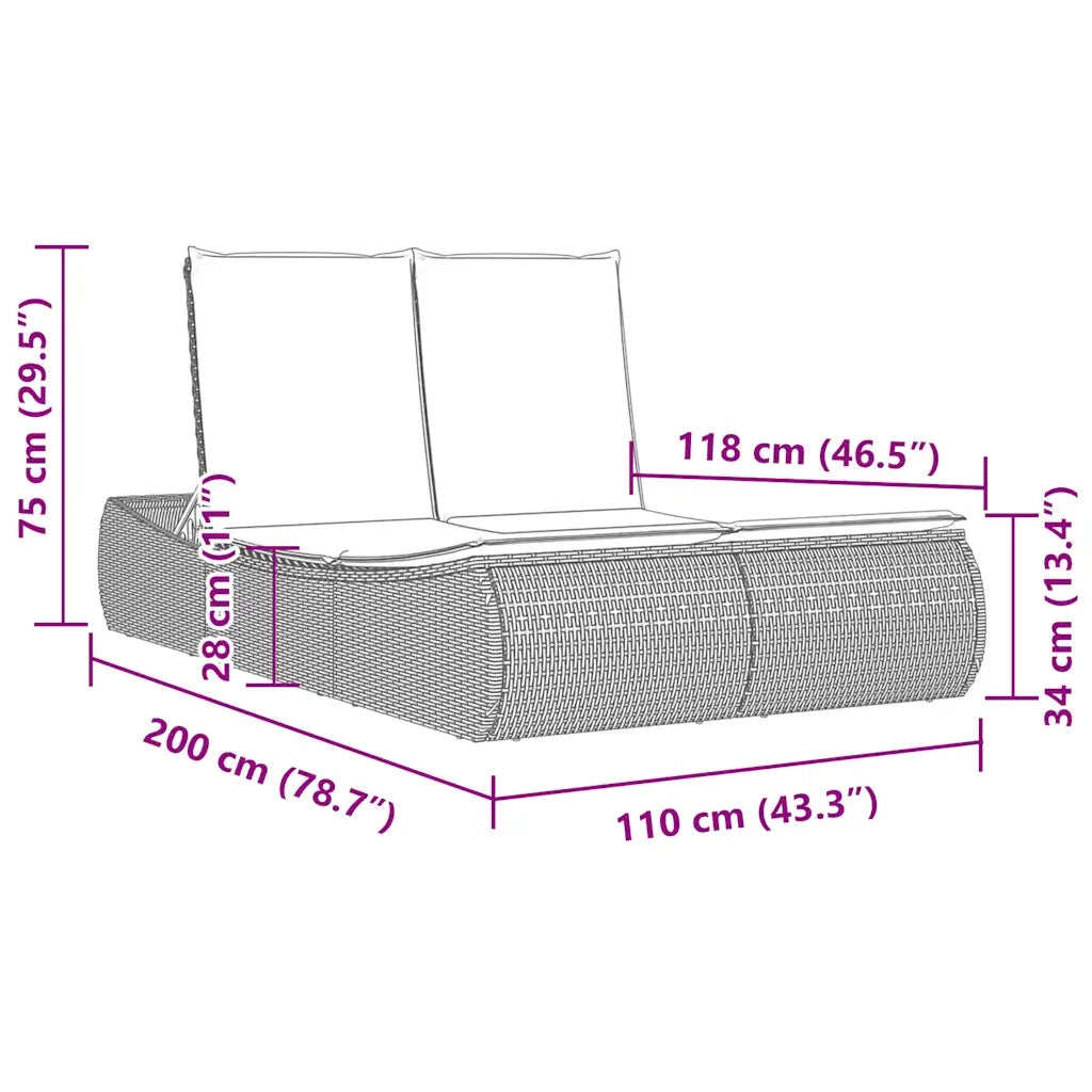 Lettino Prendisole Doppio con Cuscini Nero in Polyrattan 368098