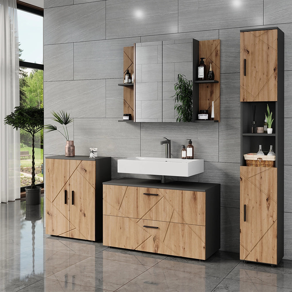 Set di mobili da bagno Irma Antracite/Rovere dorato 2 parti Vicco