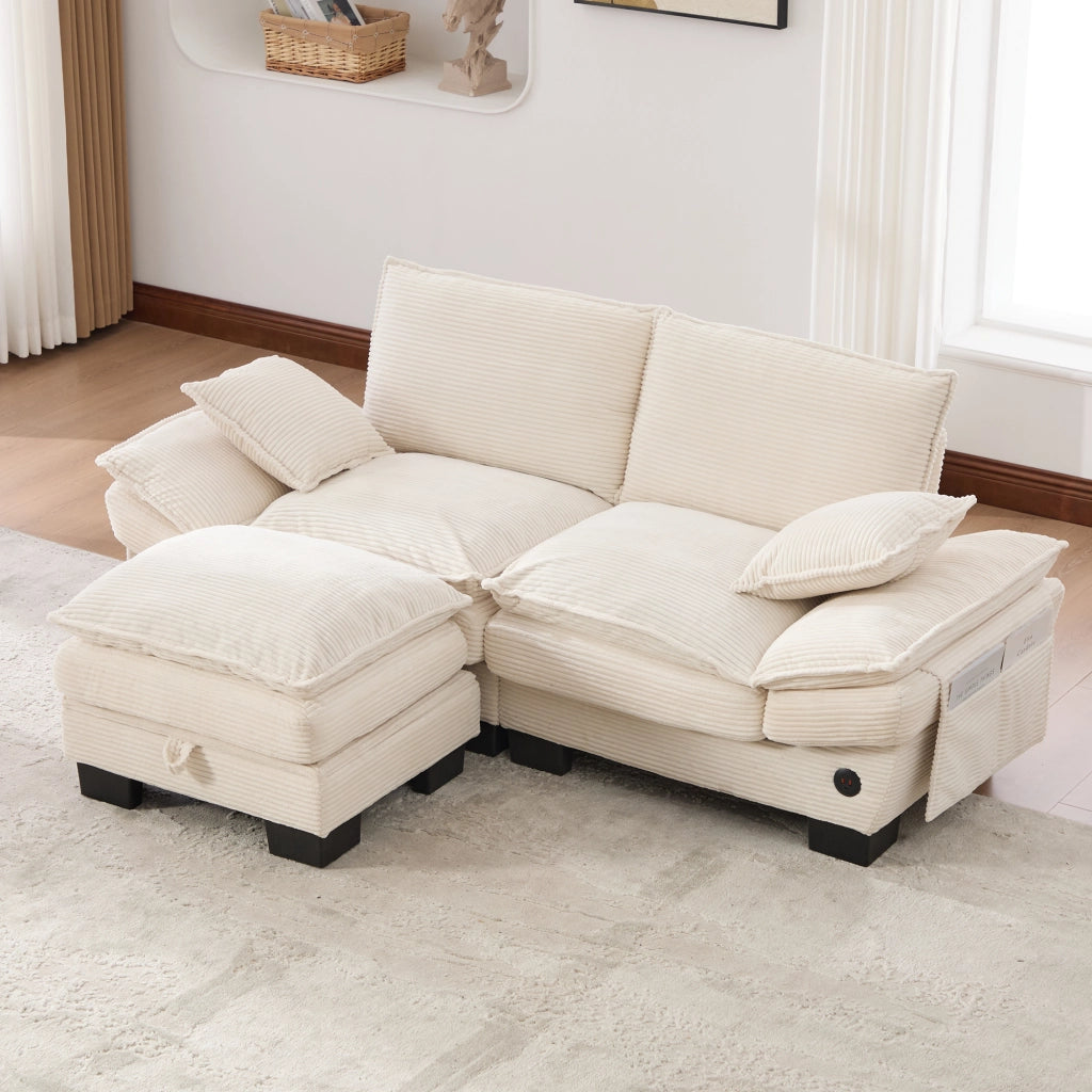 Divano 2 posti con contenitore e USB-C in corduroy beige 190×132×84 cm