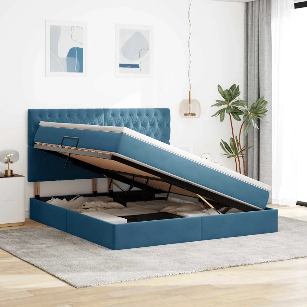 Letto con contenitore e materasso Blu Scuro 160 x 200 cm