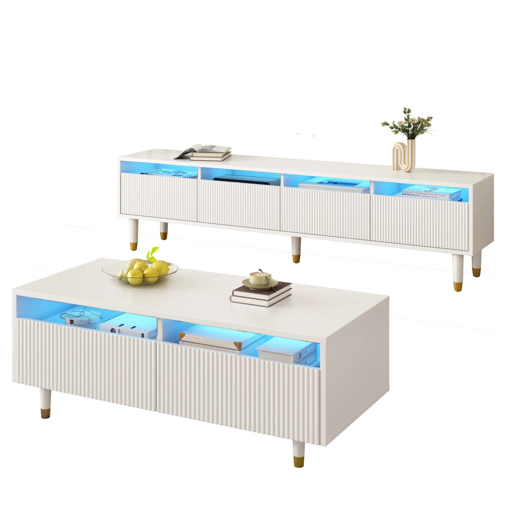 Mobile TV e Tavolino con LED ¨C MINIMAL ¨C Bianco con Design Oro, Ante in Acrilico, 4 Ante