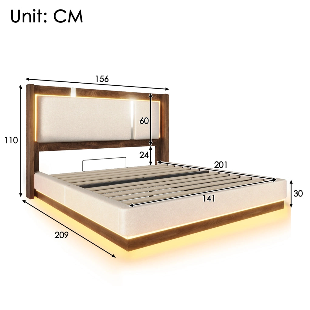Letto imbottito 140x200 con LED integrato e vano contenitore