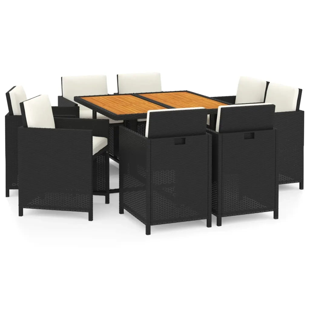 Set da Pranzo da Giardino 9 pz con Cuscini Nero in Polyrattan 3095520