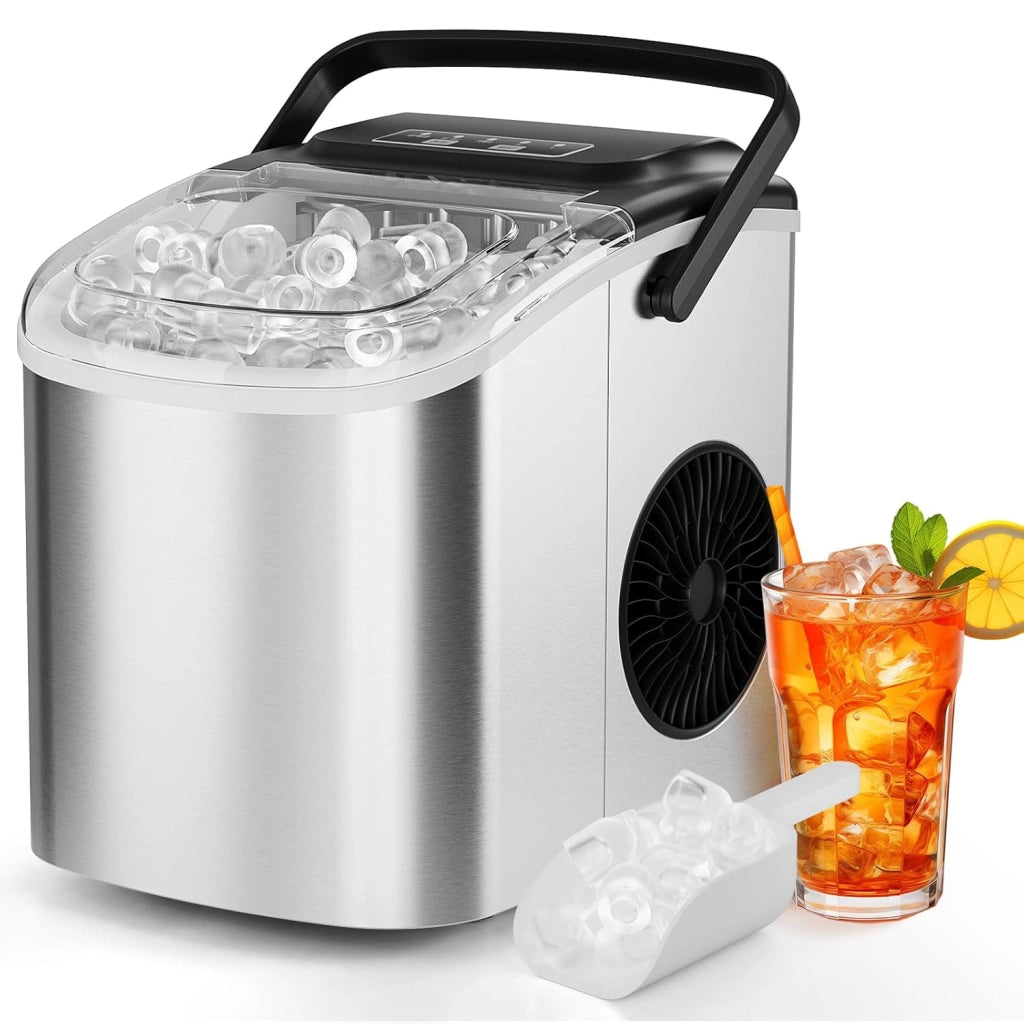 Macchina Ghiaccio, 12 kg/24h, 9 Cubetti di Ghiaccio in 6 Minuti, 2 Dimensioni di Ghiaccio, Silenzioso, Macchina del Ghiaccio con Maniglia, Macchina per il Ghiaccio Autopulente per Cucina/Ufficio/Bar