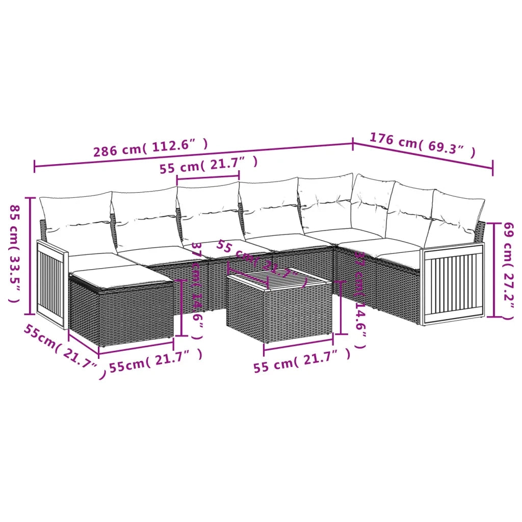 Set Divano da Giardino 9 pz con Cuscini Beige in Polyrattan
