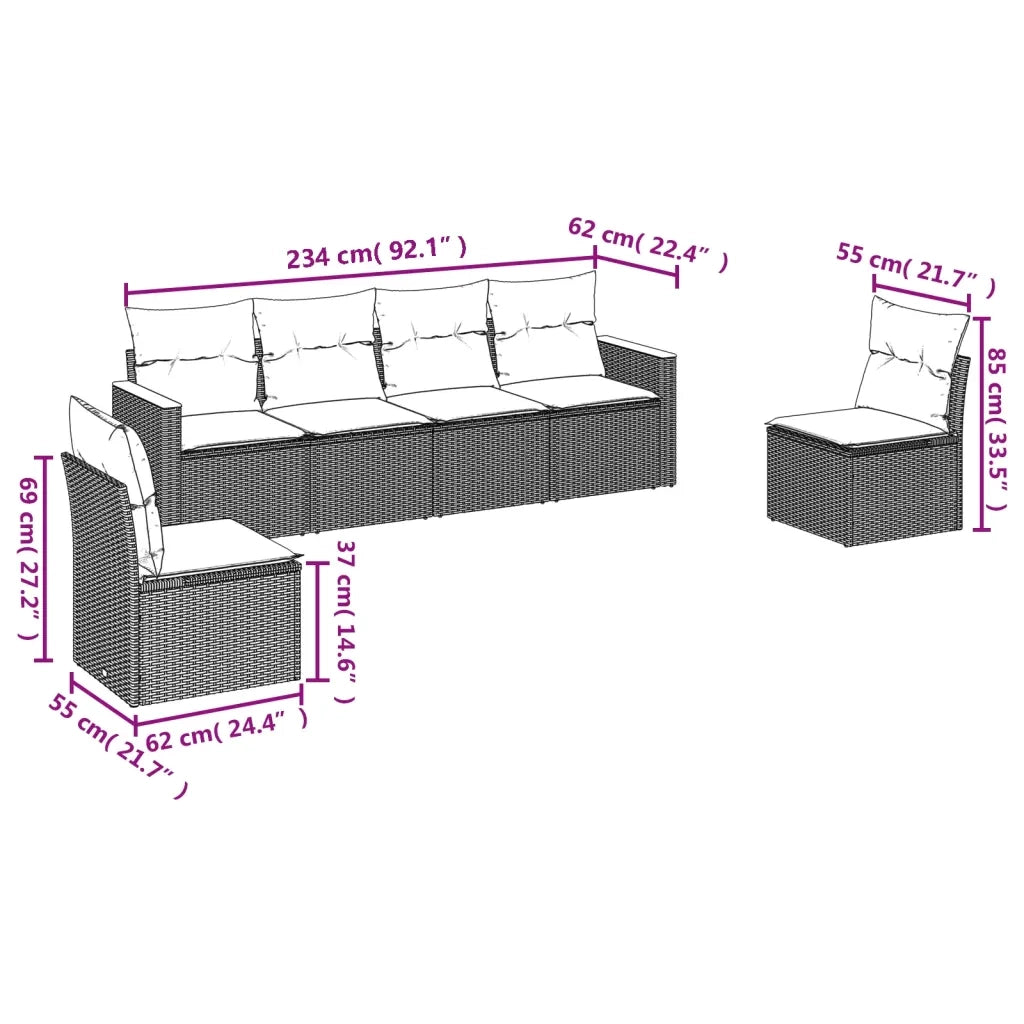 Set Divano da Giardino 6 pz con Cuscini Nero in Polyrattan 3225860