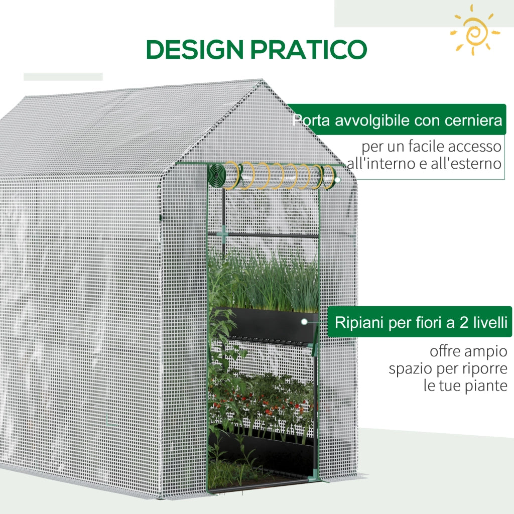 Serra da Giardino a Casetta con Rivestimento in PE ¨C Xylo ¨C 4 Ripiani, Porta a Cerniera, 186x120x190cm, Bianco