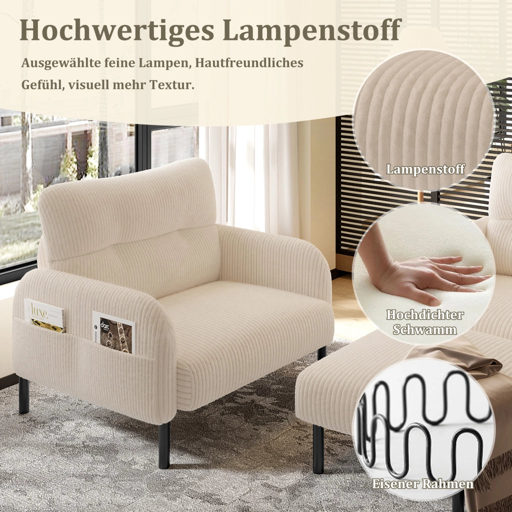 Divano 2 posti; poltrona e pouf con tasca laterale; schienale ergonomico in velluto a coste beige