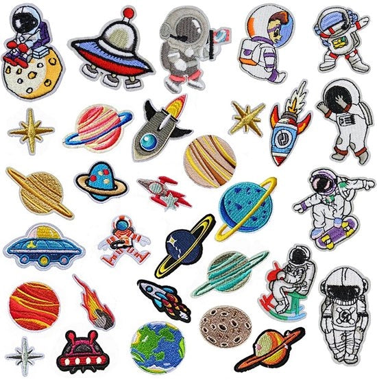 Punti applicabili con l'emblema del sistema solare - Ruote planetarie - Ideali per abbellire abiti e giacche - Varie dimensioni - Decorazioni applicabili - Per bambini