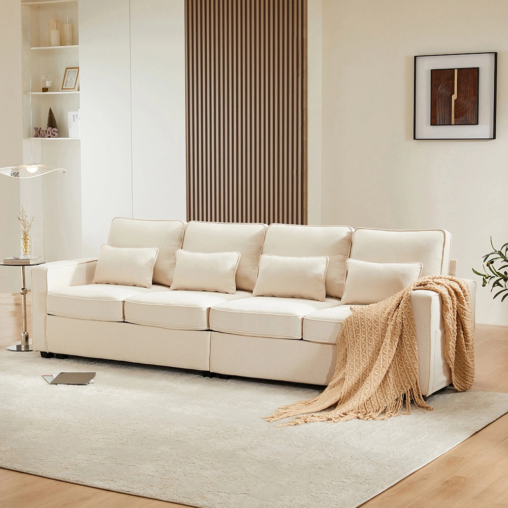 Canap?? dritto 4 posti - Xylo - Tela lino beige con 4 cuscini