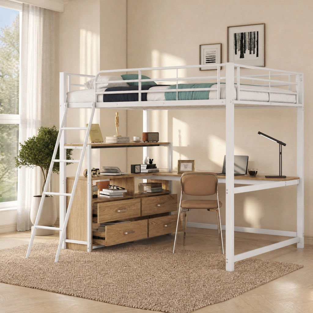 LETTO A CASTELLO 140x200 cm con scrivania a L, cassetti, MDF e metallo, bianco