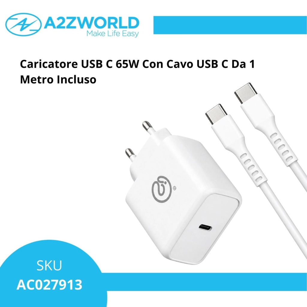 Caricatore USB-C 65W PD3.0, Alimentatore Rete EU con cavo USB-C 1M