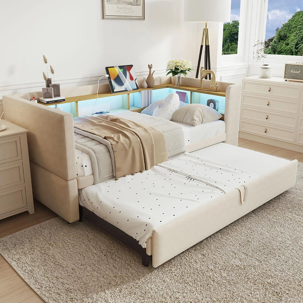 Divano letto - Xylo - 90/180x190 cm LED USB beige