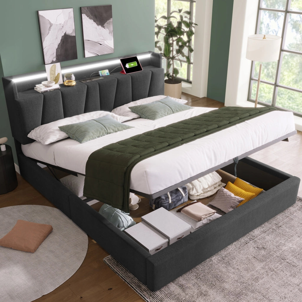 Letto imbottito 140x200 grigio con USB e LED - Xylo