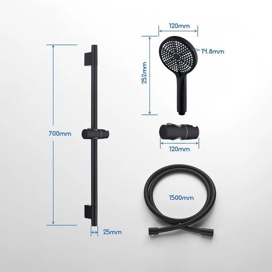 Set di doccia con maniglia in acciaio inossidabile 70 cm, doccia a mano con 3 tipi di getto e contenitore per capelli e tubo, impianto di doccia (set nero)