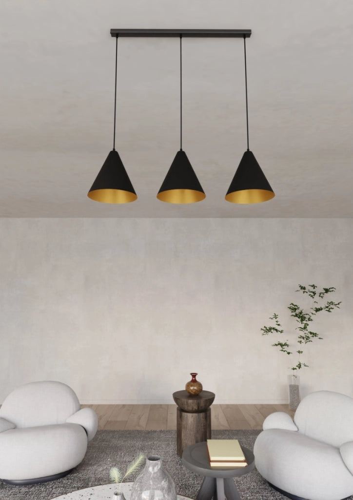 Lampadario sospensione Rebel 3 luci nero oro Emibig