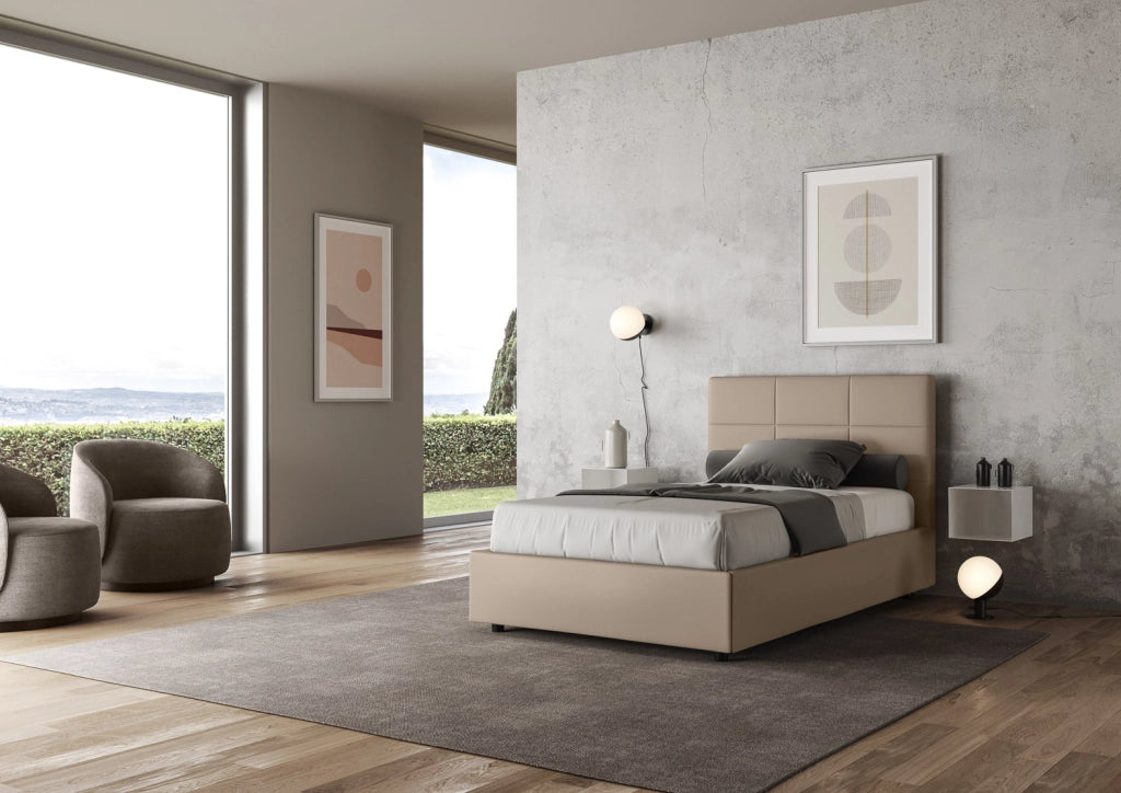 BS COM Letto una piazza e mezza con rete imbottito 130x190 similpelle tortora