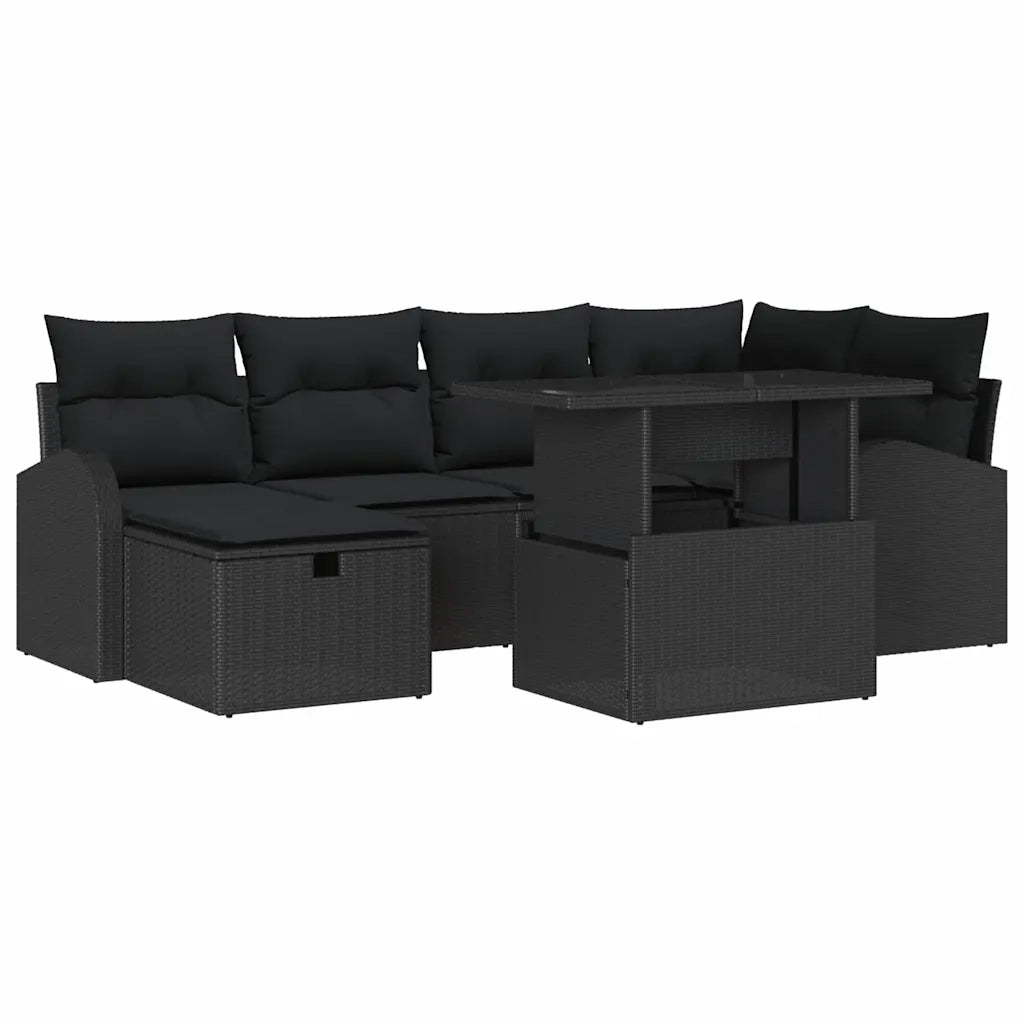 Set Divano da Giardino con cuscino 7 pcs Nero Poly Rattan