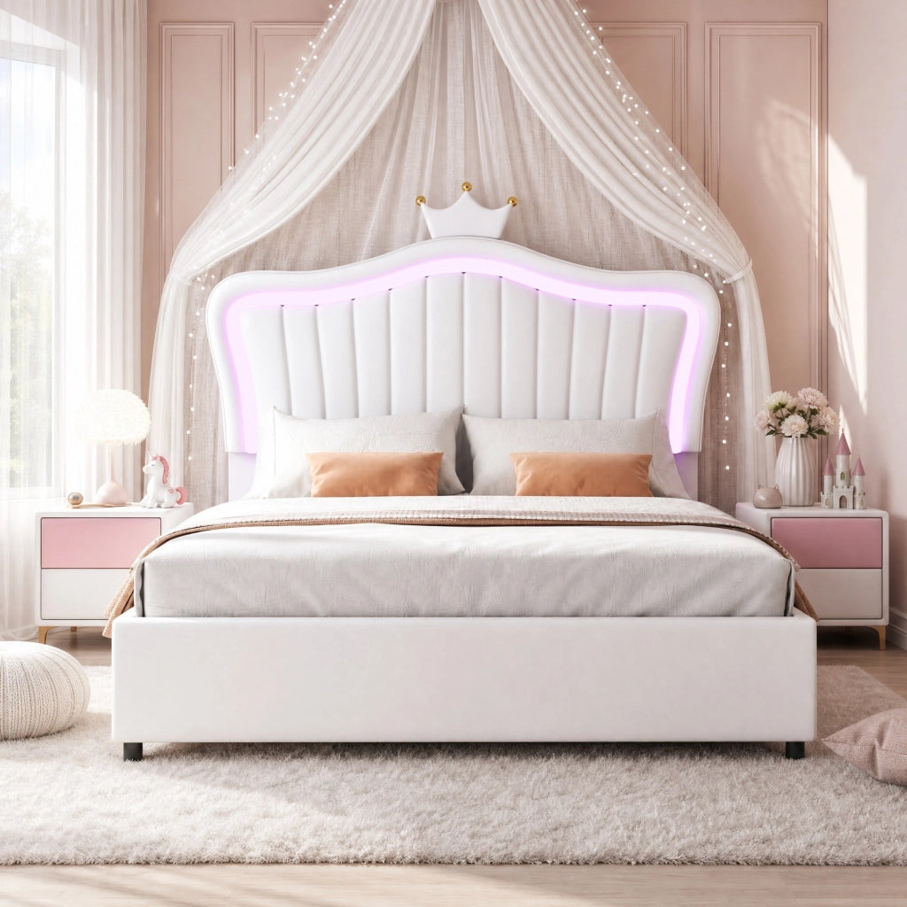 LETTO IMBOTTITO 140x200 cm Bianco con LED e contenitore idraulico