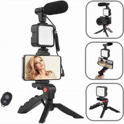 Trade Shop - Kit Vlogger Professionale 4in1 Universale Per Smartphone Con Microfono Luce Led -