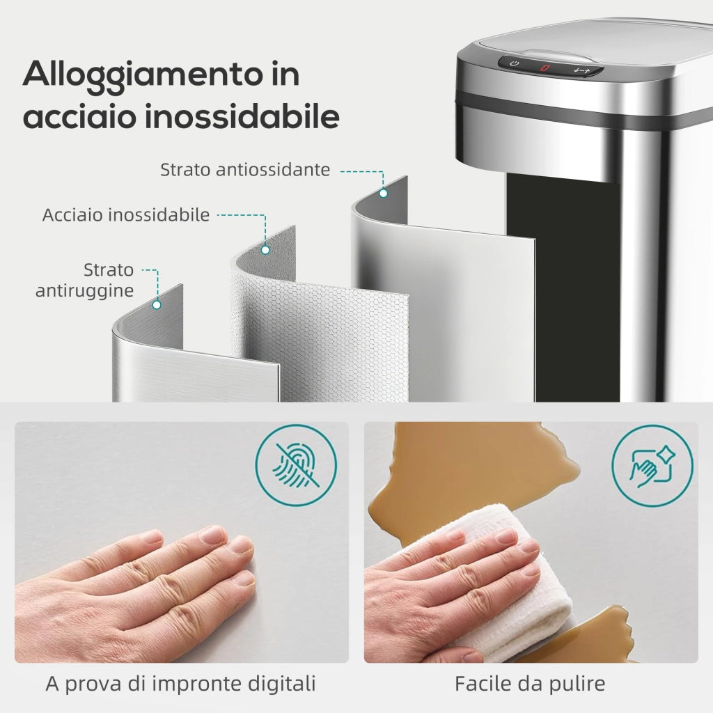 Pattumiera Cestino per Rifiuti 28x22x41 cm Contenitore Rimuovibile da 12L Apertura a Infrarossi in Acciaio Inox ABS e PP