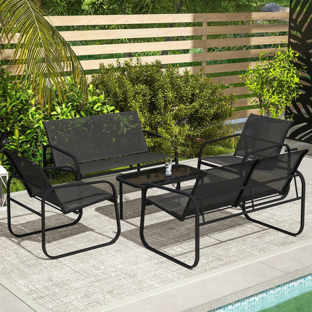 Set 5 Pezzi da Esterno 2 Divani 2 Poltrone e Tavolino con Piano in Vetro Nero