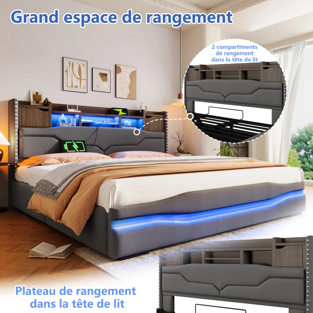 Letto imbottito grigio 180x200 con USB-C LED testiera con vano sollevamento idraulico