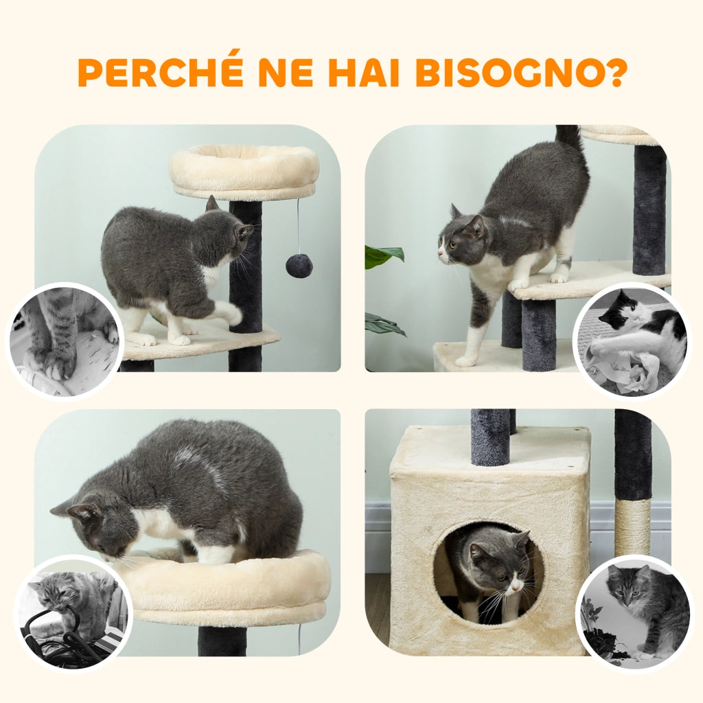 Albero Tiragraffi per Gatti con Casetta e Lettino ¨C Minimal ¨C Bianco Crema 92 cm