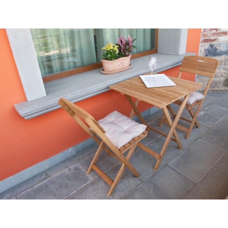 Set tavolo e sedie pieghevoli da giardino in legno con cuscini, tavolino 60x60 cm salvaspazio per balcone e terrazzo - Esterni da Vivere