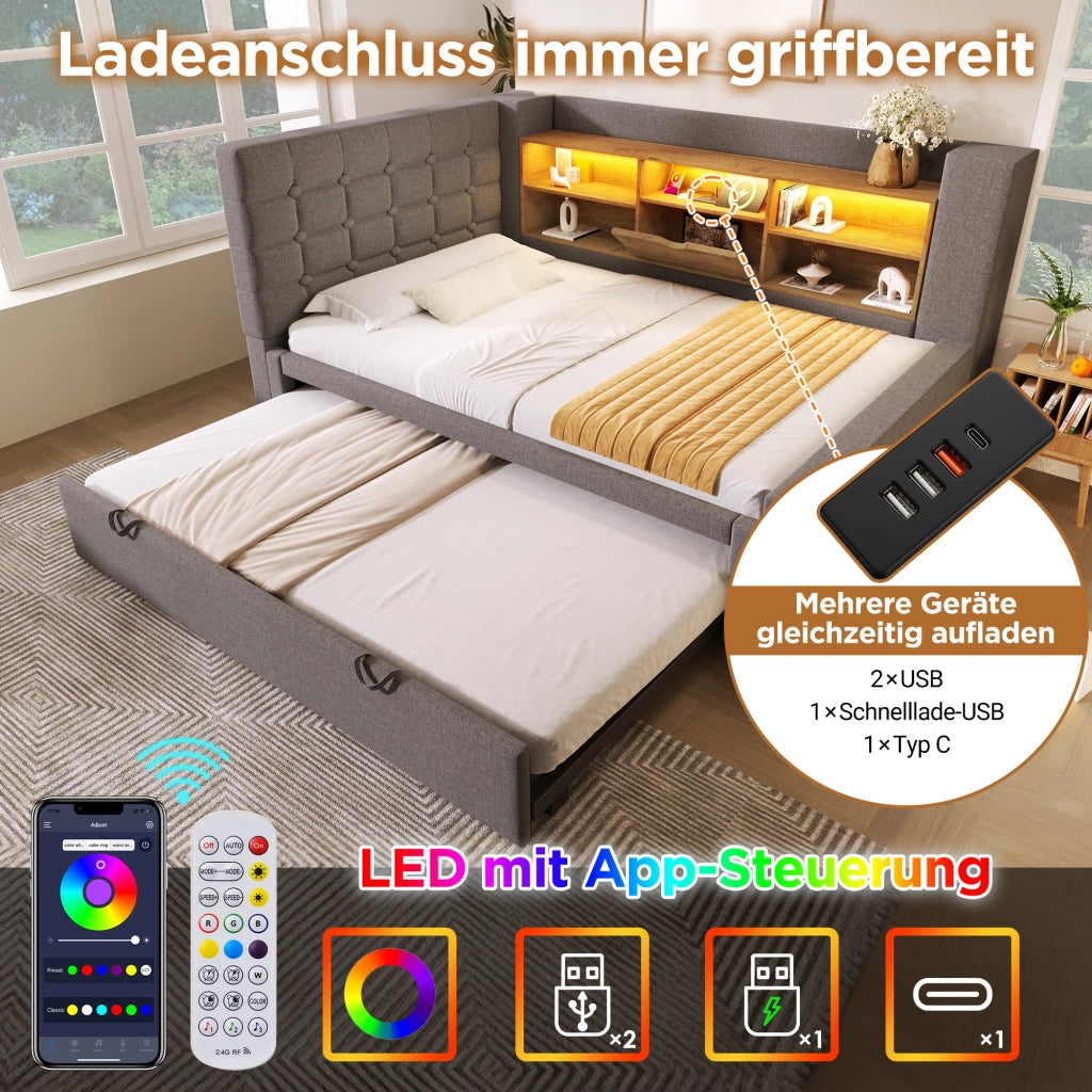 LETTO estraibile 90x200 cm in lino grigio con LED e porte USB